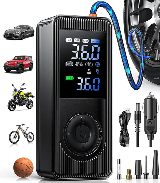Tire Inflator Portable Air Compressor - 180PSI 5X Fast Inflation Rechargeable Battery & 12V DC Adapter Powered Air Pump for Car Bike Motorcycle Tires Balls with LCD Display, LED Light, Pressure Gauge