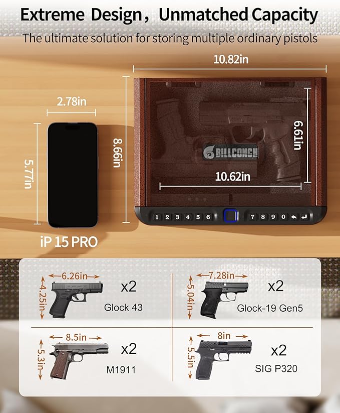 BILLCONCH Gun Safe for Handgun - Biometric Pistol Safe 4 Ways Quick Access with Fingerprint/Full-digital Keypad/Key/APP Lock and Security Cable for Nightstand Bedside Home - Antique Bronze