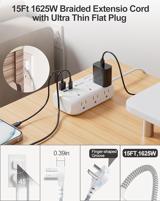 4 USB(2 USB C) Surge Protector Power Strip- 15 Ft Extension Cord with 6 Widely Outlets and Switch, Flat Plug Desk USB Charging Station with Long Braided Extension Cord Wall Mount for Home Office Dorm