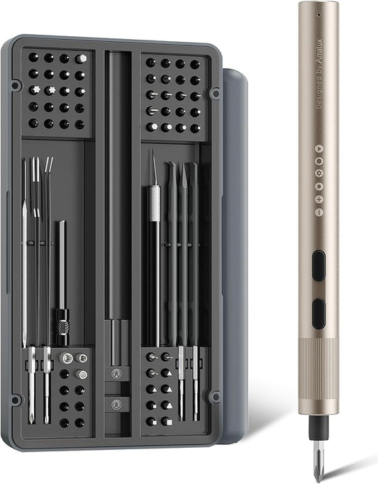 Mini Electric Screwdriver Set, 64 Self-Magnetic Bits, Dual Mode Electric/Manual, 3.7V Rechargeable, Max 3 N.m Torque, Magnetic Storage Case, for Phone Laptop Camera Watch Repair - Beige