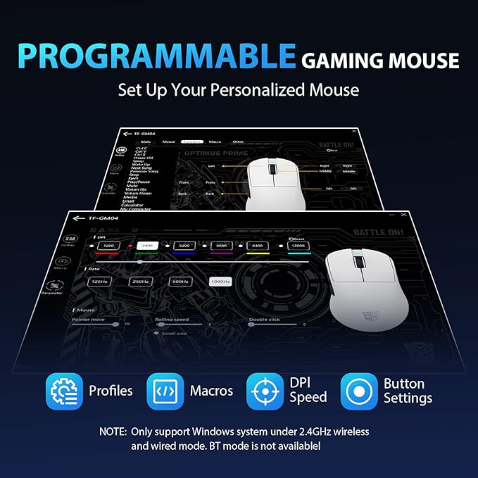 Transformers GM04 63g Lightweight Wireless Gaming Mouse, 12000 DPI, PAW3311 Sensor, 100h Battery Life, 2.4G/USB-C/Bluetooth Wireless Mouse with 5 Programmable Buttons for PC/Mac/Laptop(Black)