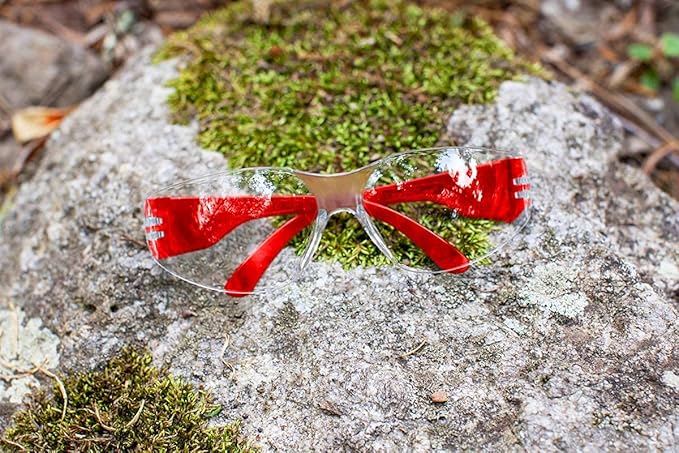 BISON LIFE Protective Safety Glasses, Clear Polycarbonate Impact and Ballistic Resistant Lens, RED (Case of 12 Boxes, 144 Pairs Total)