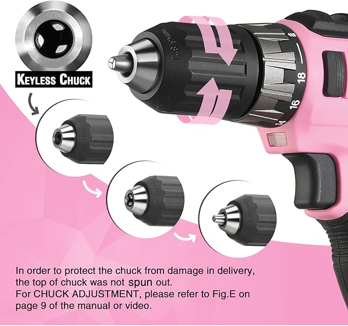 WORKPRO 20V Pink Cordless Drill Driver Set, 3/8” Keyless Chuck, 2.0 Ah Li-ion Battery, 1 Hour Fast Charger and 11-inch Storage Bag Included - Pink Ribbon