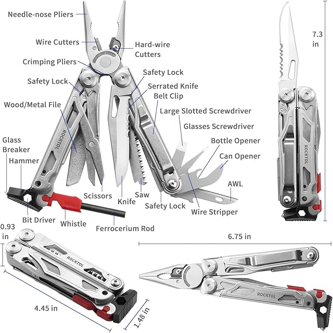 Multitool, 22-in-1 Multi-tool Pliers with Fire Starter, Emergency Whistle, Glass Breaker, Safety Locking and Nylon Sheath for Survival, Camping, multitool for men