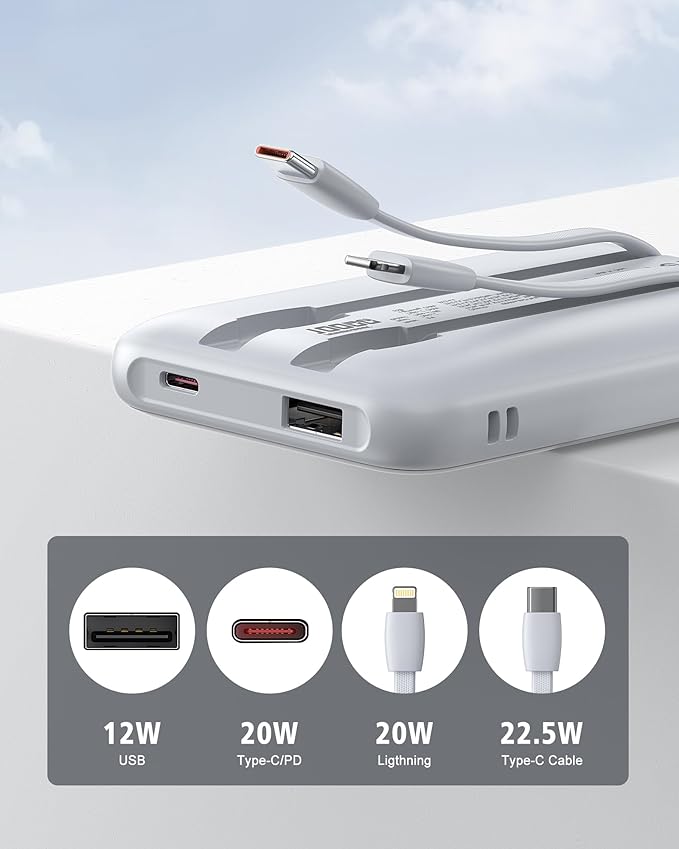 Portable Charger 10000mAh, Cell Phone Portable Power Banks with 22.5W PD Fast Charging, Compact Phone Charger Built in Cable, Compatible with Apple, Samsung, Google, Motorola and More-Grey