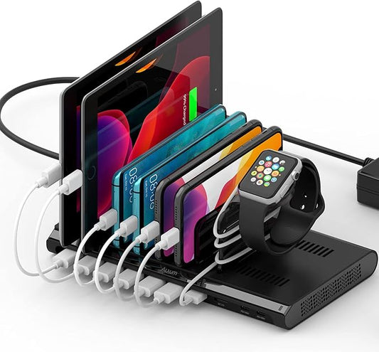 Alxum 96W 10 Port USB Charging Station for Multiple Devices, Multi Charge Station with QC 3.0 Fast Charge and 2 * 18W PD Charging Port for Laptops, Phones, Tablets, and More