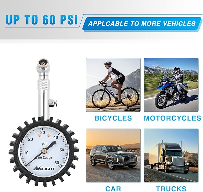 Nilight Tire Pressure Gauge 60PSI Heavy Duty Stainless Steel Air Chucks ANSI B40.1 Certified Large 2" Dial Wheel Service Checker for Truck Semi Truck ATV Motorhome Cars & RV Accessories