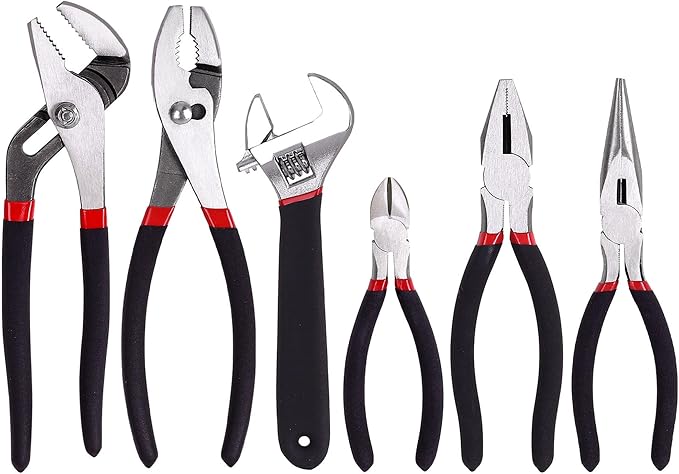 FASTPRO 6-Piece Utility Pliers and Wrench Set, Includes 10" Groove Joint, 10" Slip Joint, 8" Linesman, 8" Long Nose, 6" Diagonal Pliers and 8" Adjustable Wrench