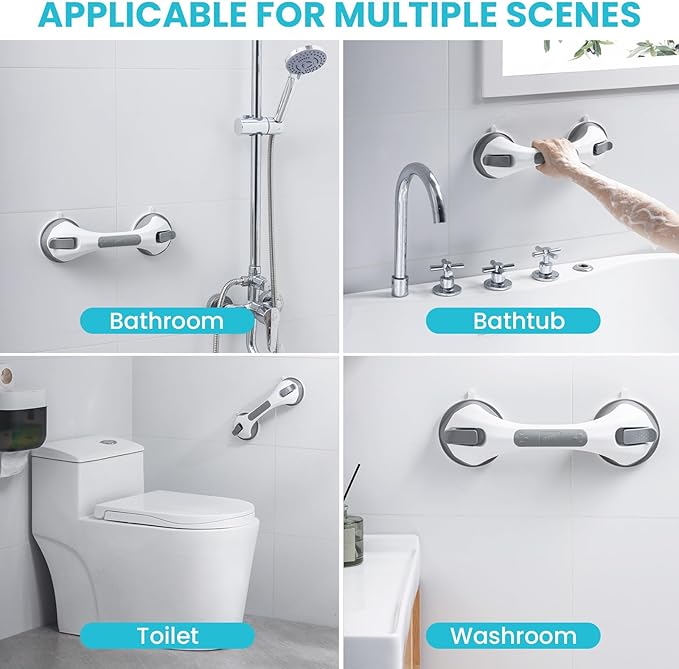 TAILI Shower Grab Bar, 2 Pack 12 Inch Suction Grab Bars for Bathtubs and Showers for Elderly, Shower Handle for Seniors Bathroom Safety Grip, No Drilling Removable,Grey