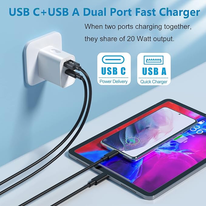 20W USB C Charger Block, Bangfun Dual Port PD 20 Watt Fast Charger Block+ Quick Fast Charge 3.0 Type C Charging Block Compatible iPhone 17/16/15/14/13/12/11 Pro Max/XR/XS/SE/Plus,Pad Pro Air(White)