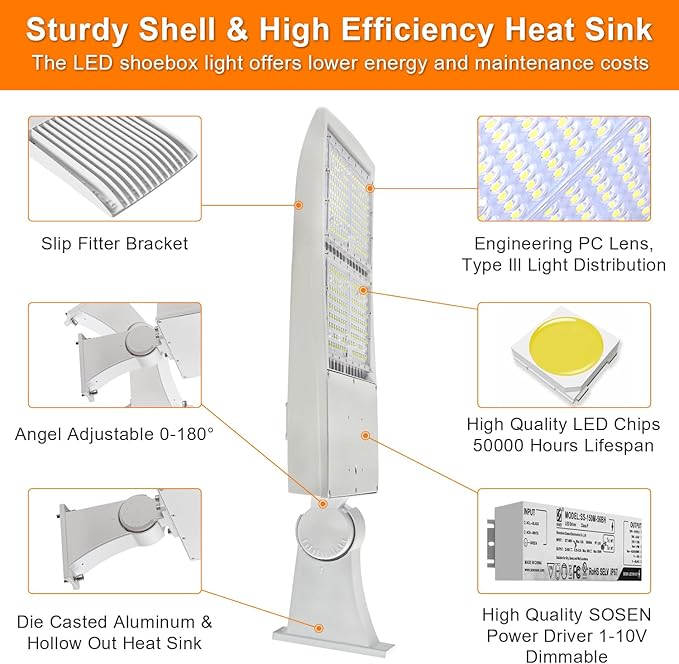 300W White LED Parking Lot Light, 42000LM LED Shoebox Area Light [1000W MH/HPS Equiv.], 5000K Dimmable Outdoor Street Lighting Fixture with Surge Protection Built-in, IP65 AC100-277V UL&DLC Listed