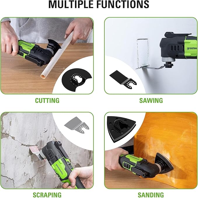 Greenworks 24V 10pcs Combo Kit,(2) Batteries & (2) Chargers. 800in/lb Drill&Impact Driver with Bits,Wrench, Multi-tool, Reciprocating Saw&Jigsaw, Circular saw, Angle Grinder and Flashlight