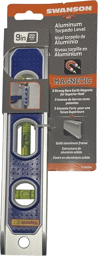 Swanson Tool Co TL002M 9-Inch Magnetic Die Cast Aluminum Torpedo Level with 3 Bubble Vials for 0°/90°/45° Measurements
