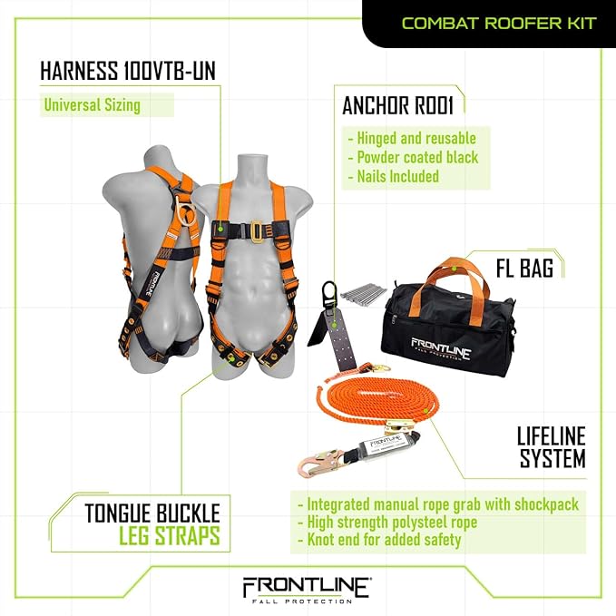 Frontline Combat Complete Roofers Kit with 50' Lifeline Combat™ Full Body Harness | OSHA & ANSI Compliant