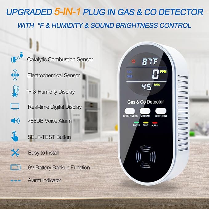 5-in-1 Upgraded Plug in Carbon Monoxide Detector and Natural Gas Detector, KH Alert Portable Carbon Monoxide Detector & Gas Leak Detector with 9V Battery Backup, CO Detector with ℉ & Humidity for Home