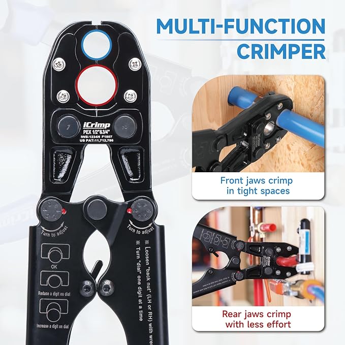 iCrimp Pex Pipe Crimping Tool, Plumbing Tool with Convertible 1/2" and 3/4" Jaws for Copper Ring, Meets ASTM 1807 Standard IWS-1234N