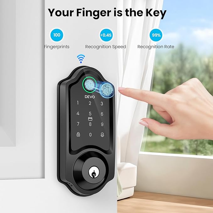 DEVO G8 Fingerprint Smart Lock, Keyless Entry Door Lock with Doorbell, Built-in Wi-Fi Deadbolt, Smart Door Lock for Front, APP Remote, Auto-Locks,Easy Install, IP54 Waterproof