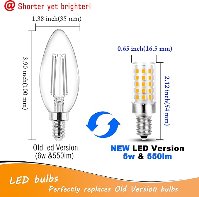 E12 Candelabra LED Light Bulbs 60 Watt Equivalent 6W 2700K Warm White 550lm Non-dimmable 120 Volt C7 T6 E12 Small Base for Chandeliers Pendant Ceiling Fan Lighting Table Salt Lamp, 4 Pack