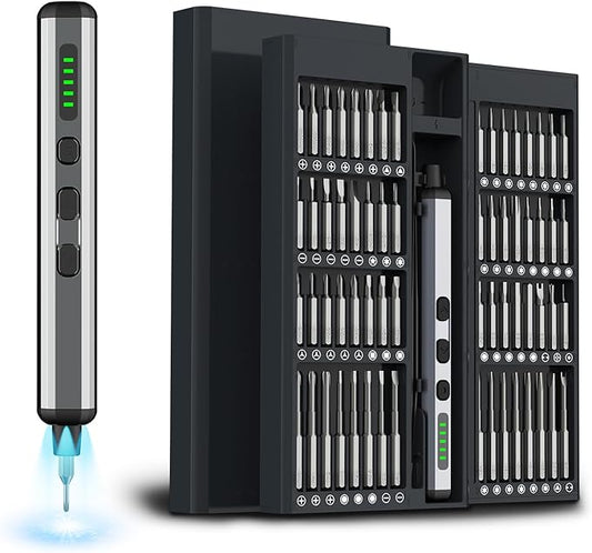 Mini Electric Screwdriver Set,3.7V Power Screwdriver Cordless Rechargeable,4 LED Lights,64 S2 Magnetic Bits,Magnetic Storage,Portable Repair Tool Kit for Electronics Watch Camera Phone Laptop (Grey)