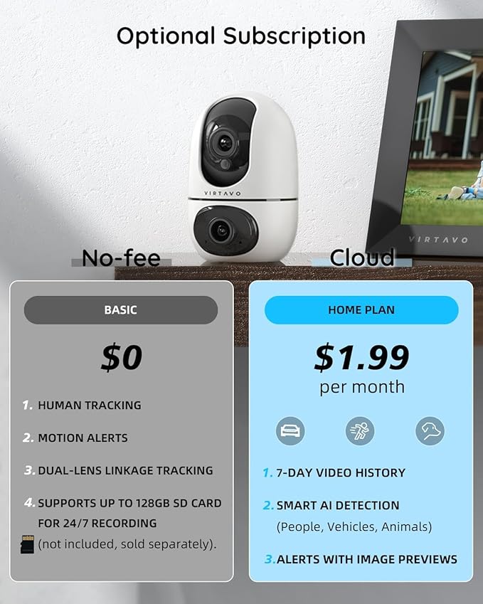 virtavo XD1 Indoor Security WiFi Camera, No Subscription Required, Dual-Lens 360° PTZ Baby Monitor & Pet Cam, Motion Tracking, 2-Way Audio, Night Vision, Cloud/SD Storage, Phone App, Plug-in Power