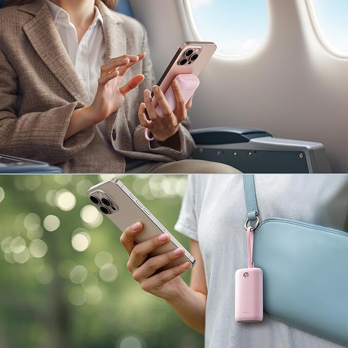 iWALK Mini Portable Charger 10,000mAh, 22.5W USB-C Fast Charging Power Bank with Built-in Cable, Travel Essential Ultra-Small Battery Pack Compatible for iPhone 16/16 Pro/15, Samsung, Google, Pink