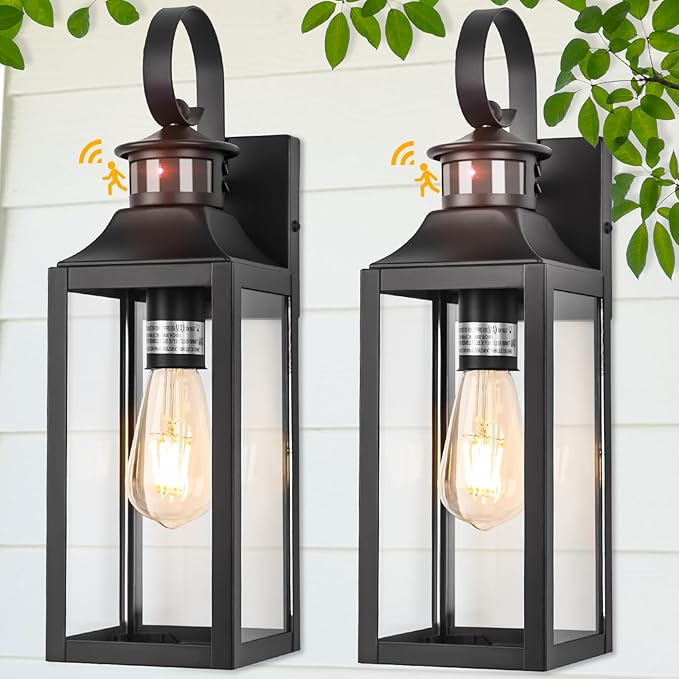 Motion Sensor Outdoor Wall Lights 2 Pack, Black Dusk to Dawn Light Fixtures Wall Mount, 16" Exterior Wall Sconces Waterproof, Large Outside Lamps for House, Modern Porch Lanterns 3 Modes