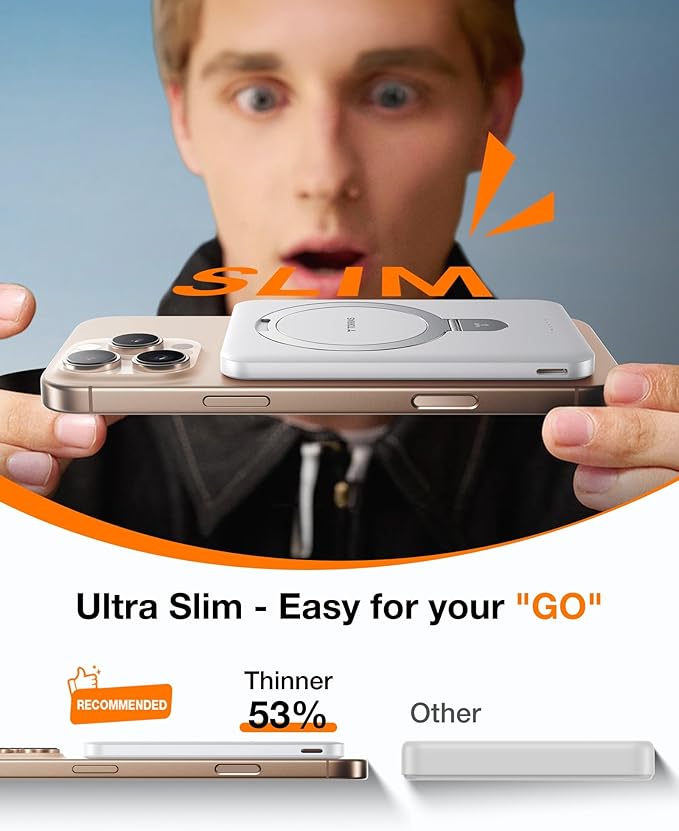 TORRAS 0.45" Slim Magnetic Portable Charger Power Bank for iPhone 5000 mAh 22.5W PD Fast Charging Wireless Battery Pack O Stand Compatible with Magsafe, i Phone 16 Pro Max, Pro,15,14,13,12, White