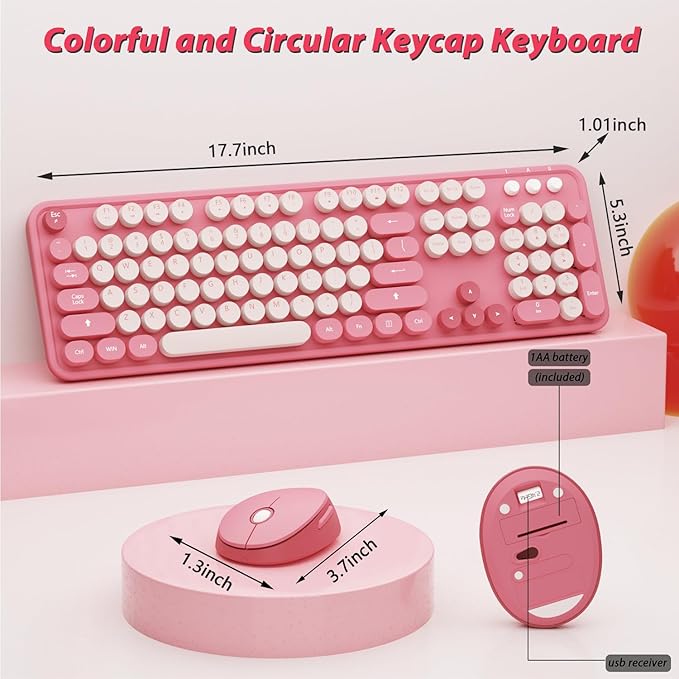 Wireless Keyboard,KOOTOP Cute Colorful 104 Keys Typewriter Retro Round Keycaps Keyboard for PC Laptop,Desktop,Windows, Home and Office Keyboards(Pink)