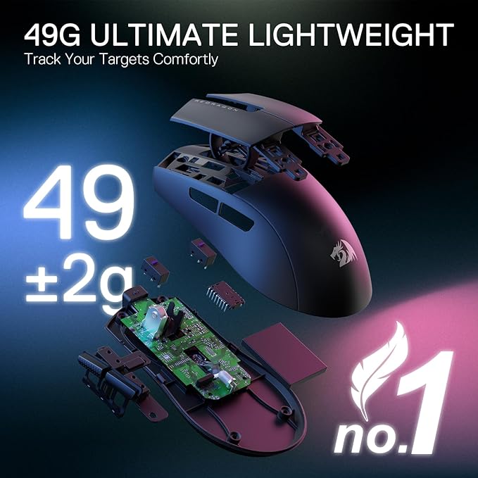 Redragon M916 PRO 3-Mode Wireless Gaming Mouse, Hype-Speed 4K Polling Rate, 49G Ultra-Light 26K DPI Mouse w/Ergonomic Natural Grip Build, Redefinable Macro Buttons, Software Supported