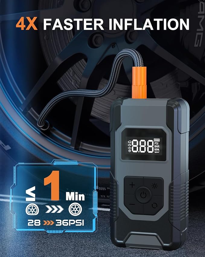 Tire Inflator Portable Air Compressor - 4X Faster Inflation Cordless Mini Air Pump with Digital Pressure Gauge with Digital Pressure Gauge/LED Light Portable Tire Inflator for Car/Moto/Bike/Ball etc.