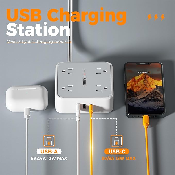 Surge Protector Power Strip, TESSAN 5 FT Flat Extension Cord with 8 AC Outlets 3 USB Ports (1 USB C), 900 Joules Protection, 3-Sided Wall Plug Extender, Desk Charging Station for Office, Dorm