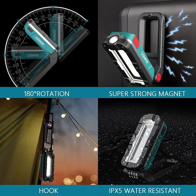 SUNREI LED Rechargeable Magnetic Work Lights COB Mechanic Lights,1100 Lumens, Magnetic Base & Hanging, 7Mode, Magnetic Flashlight Job Site & Security for Car Repair, Emergency, Gift for Men
