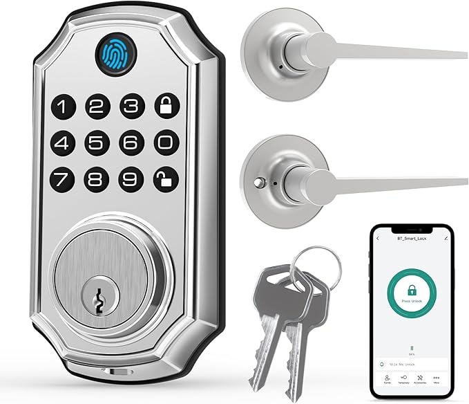 LOCK&SOLVER Keypad Door Lock with Handle, Smart Locks for Front Door, Keyless Entry Doorlock, Deadbolt Lock with Handle Set, App Remote Control, Easy Install with Video Guide, Rust-Resistant Zinc