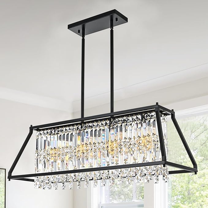 Crystal Chandelier Light for Dining Room, 4-Light Trapezoidal Industrial K9 Crystal Pendant Lights with Black Metal Frame Pendant Lamp for Kitchen Island Living Room Entryway (Black)