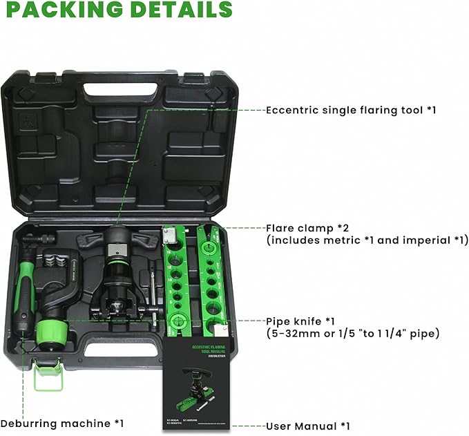 Flaring Tool Kit for 1/4'' - 3/4'' and 6-19mm Single Flare HVAC, 45° Eccentric Type Flare Tool with Clutch, Pipe Cutter, Deburring Tool for Copper/Aluminum/Stainless Steel Pipes (5 in 1 Kit)