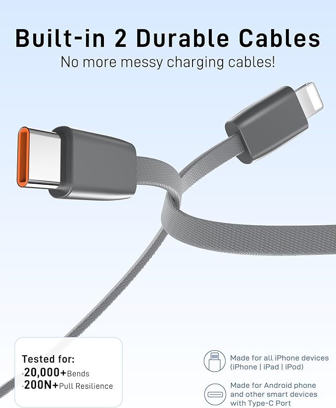 VINKO Small Portable Charger, 22.5W Fast Charging Mini Power Bank 10000mAh with Built-in Cables LED Display, Travel Essential USB-C Battery Pack Compatible with iPhone,Samsung,Android (Gray)