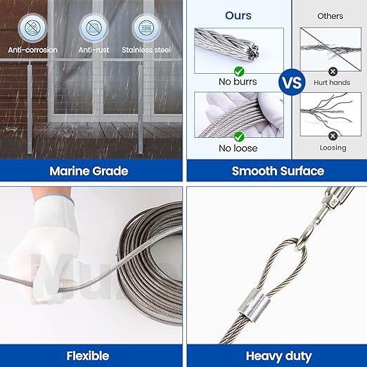 Muzata 200 ft 1/8" Stainless Steel Cable Railing System Hardware T316 Stainless Steel Wire Rope 7x7 1800 lb Breaking Strength Deck Cable Railing Kit with Wire Cutter for Indoor Outdoor Coastal WR02