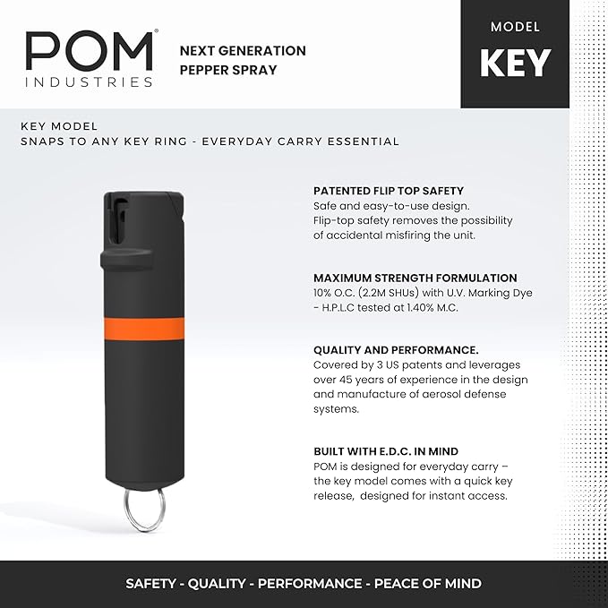 POM Pepper Spray Keychain, Quick Key Release for Instant Access, Flip Top Safety, Maximum Strength OC Formula with UV Marking Dye, 25 Bursts, 10 ft Range, 0.5 fl oz