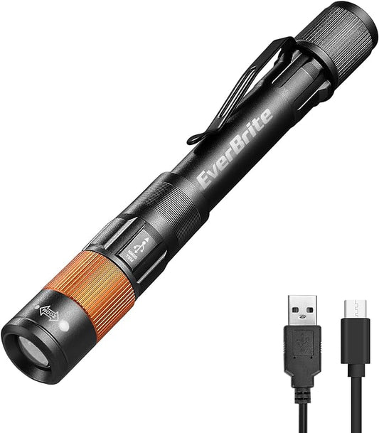 EverBrite Rechargeable Pen Light, 300 Lumens EDC Flashlight, Zoomable LED Pocket Flashlight with Clip, Memory Function and USB C Cable Included, for Camping, Emergency, Black