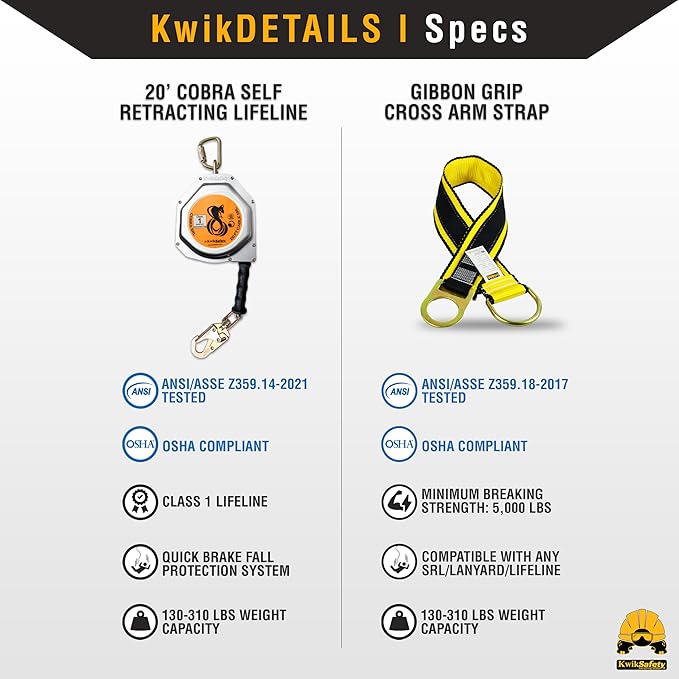KwikSafety - Charlotte, NC - Cobra 20' Combo [Cable Self Retracting Lifeline + 3FT Cross Arm Strap] Class 1 SRL ANSI OSHA Retractable Fall Arrest Construction Roofing PPE Gear