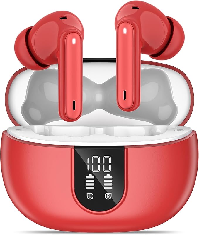 Wireless Earbuds, Bluetooth 5.3 Headphones 40Hrs Playtime Deep Bass Stereo, LED Power Display, Call Noise Canceling Headphones with Mic, IP7 Waterproof Earphones for iOS Android Red