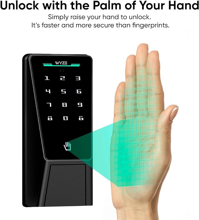 Wyze Palm Lock, Smart Door Lock with Palm Vein Recognition, Keyless Entry Smart Locks for Front Door, Keypad, Auto Lock, Dual Battery, Wi-Fi, Works with Alexa & Google, BHMA, IP53, Mechanical Key