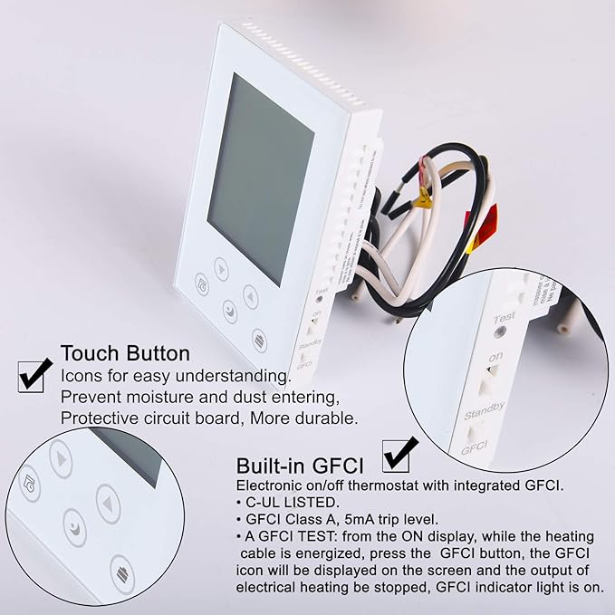 Programmable Thermostat for House Radiant Underfloor Heating, Home Heat Floor Mat Controller self-Adaption AC(120/240V) Voltage, Dual Sensing(Air&Floor Sensor) Built-in Class A GFCI, Power 3600W
