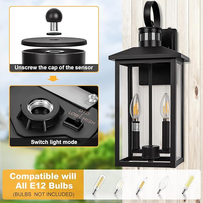 Large Motion Sensor Outdoor Wall Lights, 18" Black Dusk to Dawn Outdoor Lighting, 2-Light Aluminum Outdoor Fixture with E12 Socket, ETL Listed Outside Porch Lights Wall Mount for House