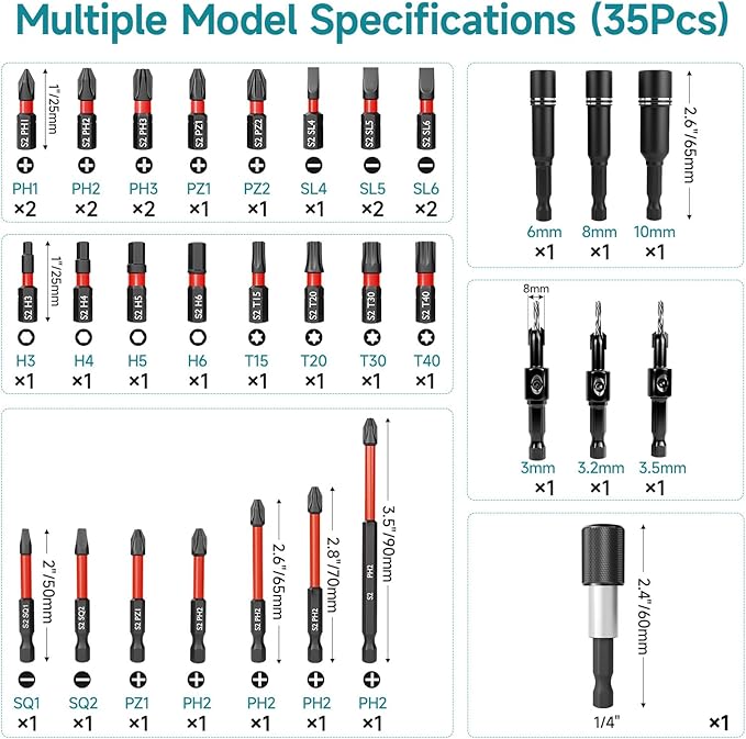 35Pcs Impact Driver Bits Set with a Storage Case, 28 Magnetic Screwdriver Bits, 3 Hex Countersink Drill Bits, 3 Sockets, Quick Change Chuck, for Power Screwdrivers Electric Drill Drivers
