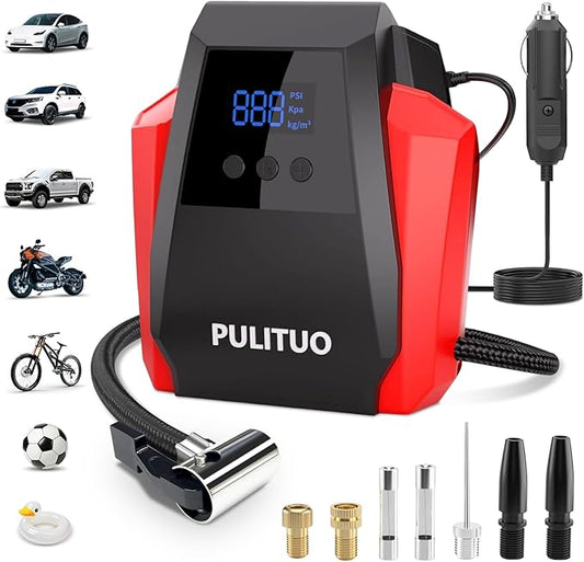 PULITUO Tire Inflator Portable Air Compressor - Car Accessories 12V DC Air Pump for Car Tires with Digital Pressure Gauge, Emergency LED Light for Wheel,Bike, Ball, Motor
