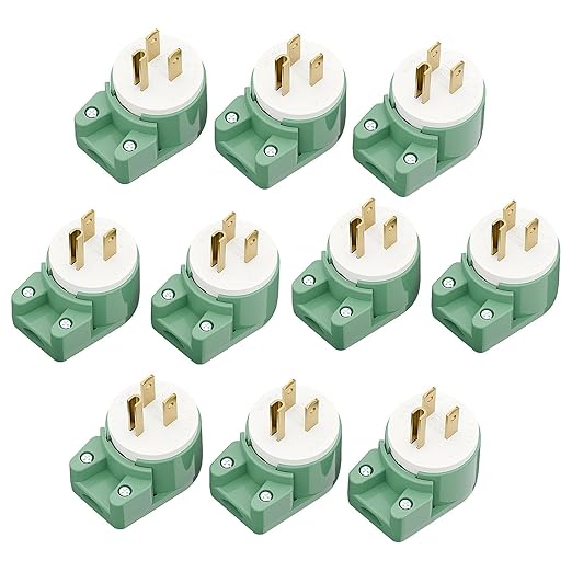 USA Canada 90 Degree 15A 125V 3Pin Right Angle Nema 5-15P Angled Rewireable AC Plug - 10Pack, Green