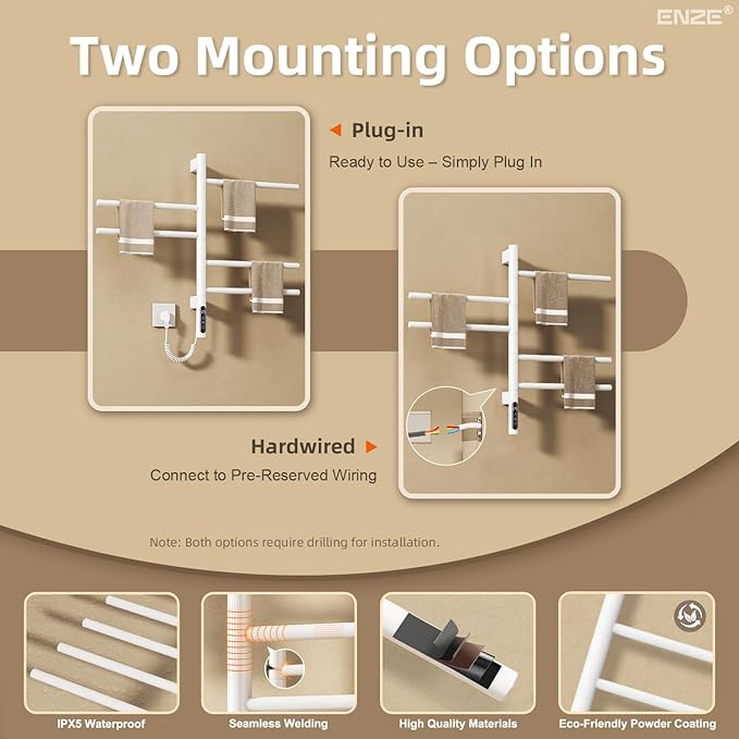 ENZE Smart Rotating Heated Towel Rack for Bathroom, Wall-Mounted Electric Towel Dryer with Swivel Bars, Smart Timer, Low Carbon Steel, IPX5, Plug-in/Hardwired, Towel Warmer with Wi-Fi App Control