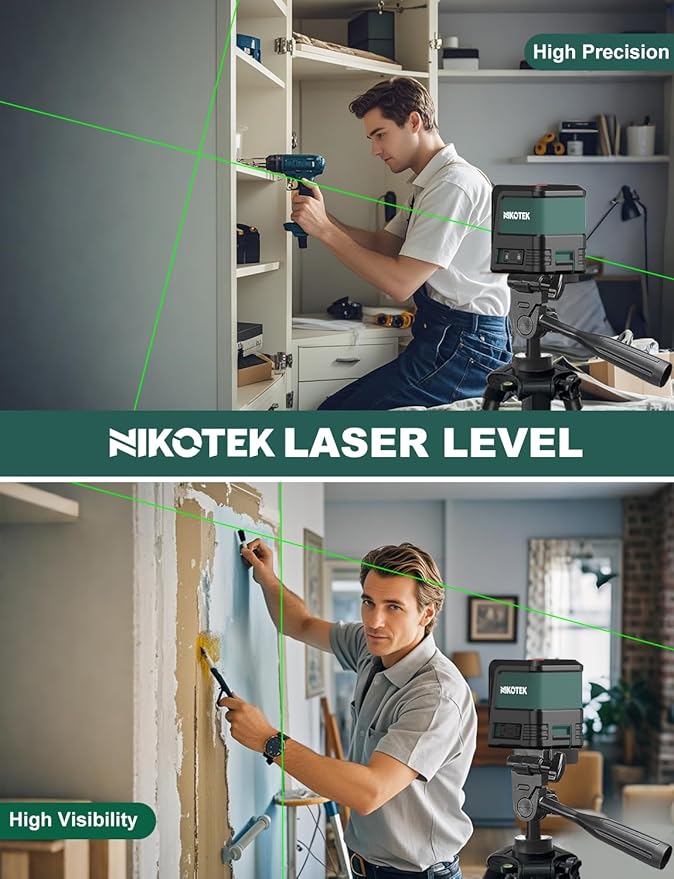 Laser Level Self-Leveling Green Beam Horizontal and Vertical Crossline Laser for Home Decor Carrying Pouch, Tripod Battery Included (NK02G with 47 Inch Tripod)