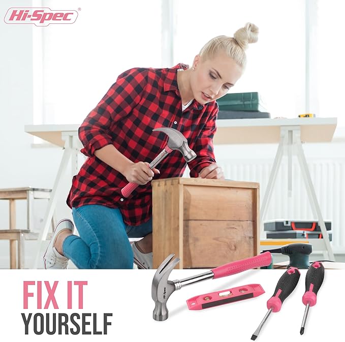 Hi-Spec 42pc Small Tool Box Set for Women. Home, Office and College Dorm Household DIY Screwdriver Toolkit of Starter Basic Ladies Pink Tools